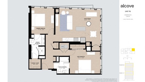 Floor plan for 2 beds, 2 baths, 1266 sqft
